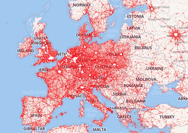 Map of mobile antennas in Europe